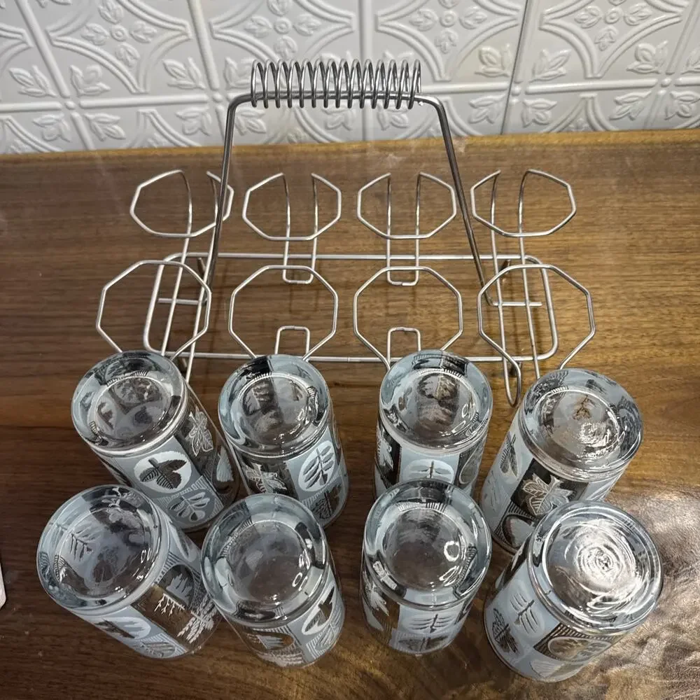 Set of 8 Vintage Libbey Highball Glass Tumblers w/ Metal Caddy Aqua Silver Leaf